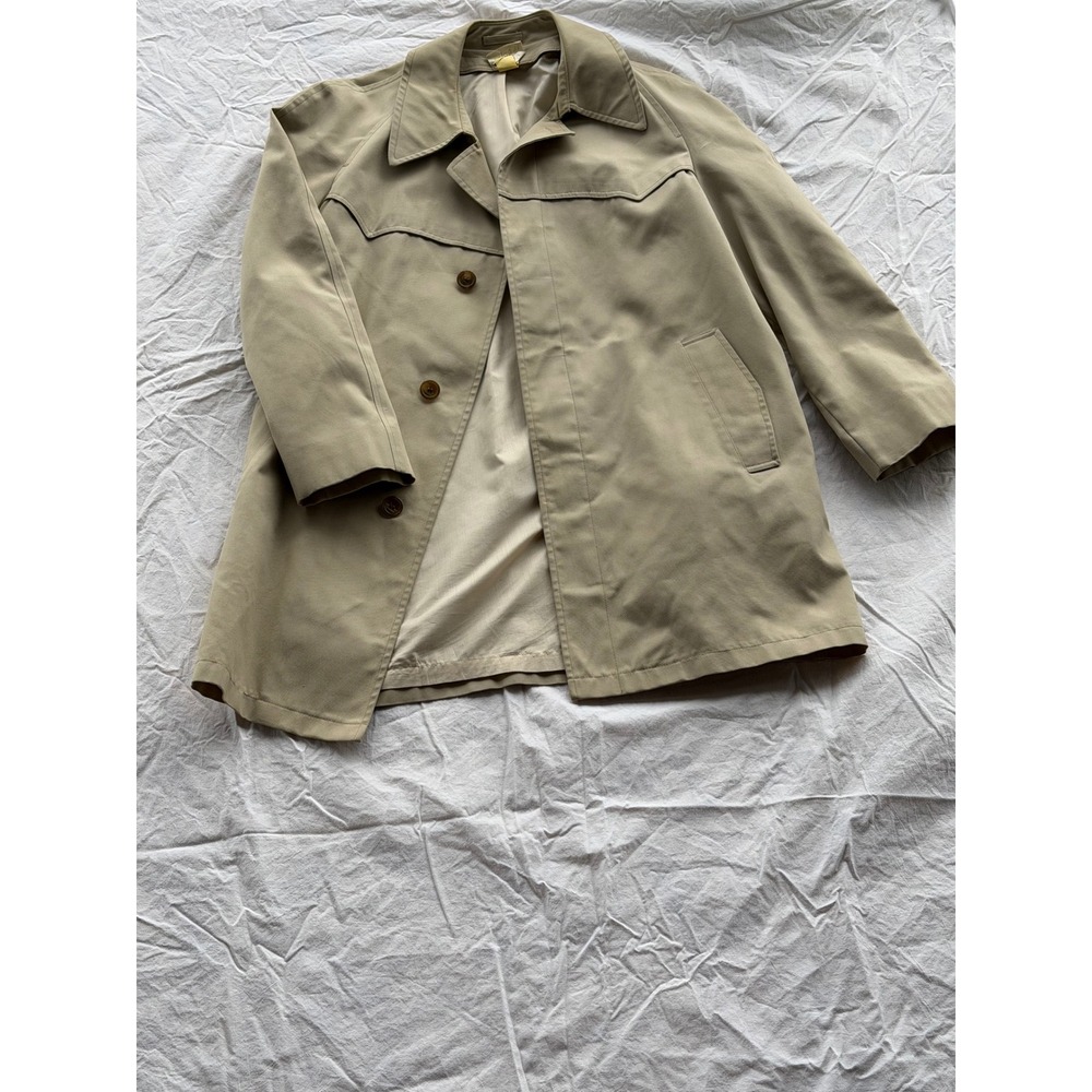 Vintage London Fog Mens Trench Coat Tan Beige 42 Long Western Yoke Car Coat
